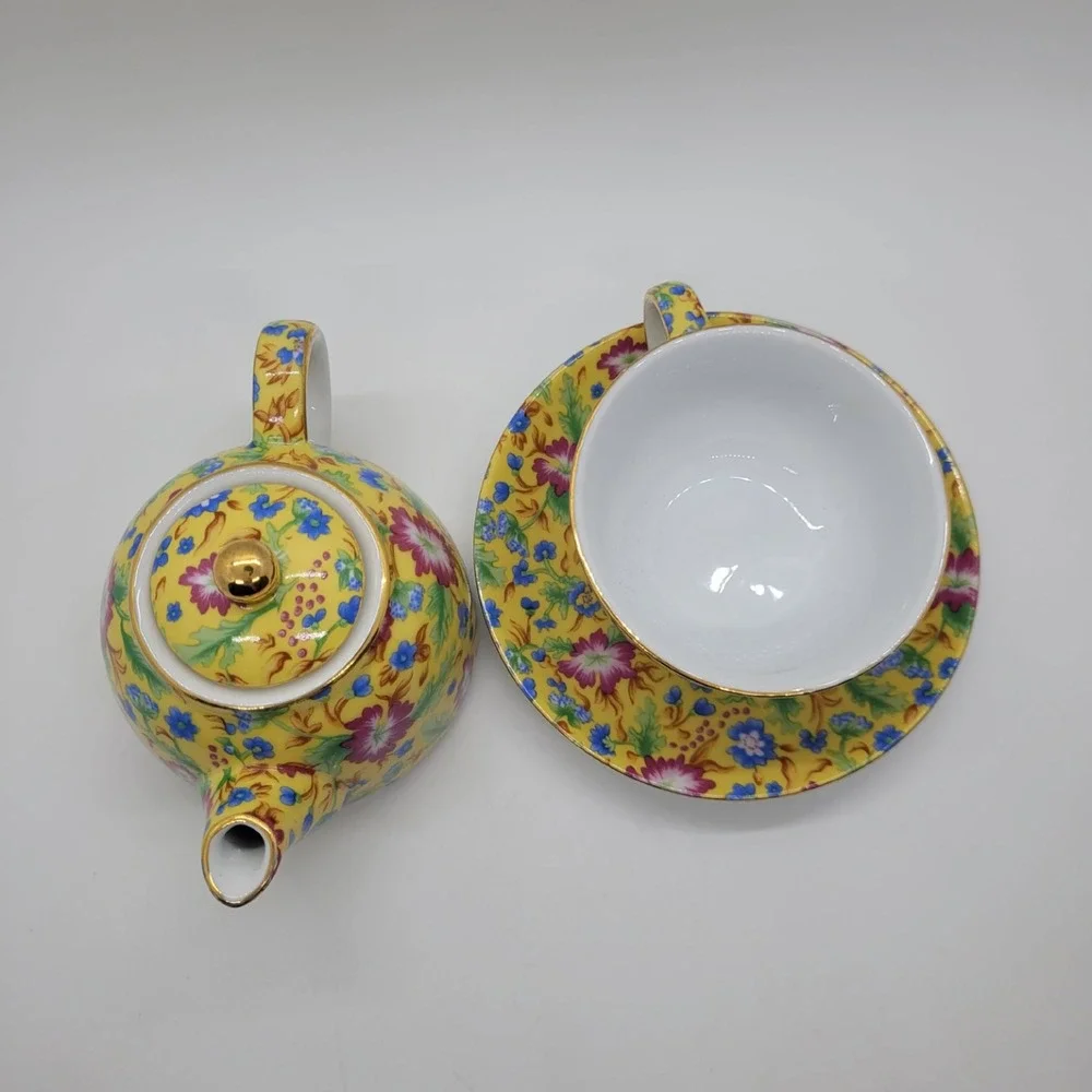 Two's Company Caroline Chintz Tea For One Set Floral Porcelain Teapot Cup Saucer